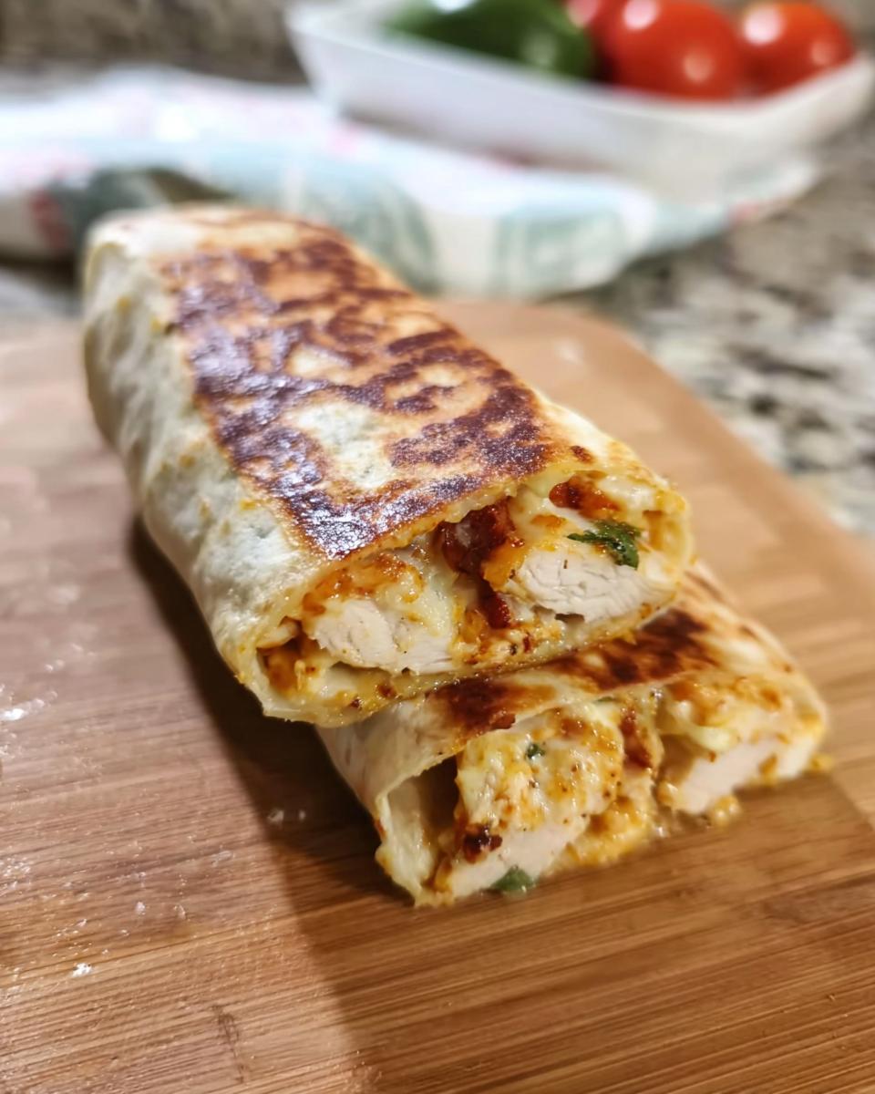 A close-up of a crispy chicken bacon wrap, sliced in half to reveal tender chicken, melted cheese, and bacon.