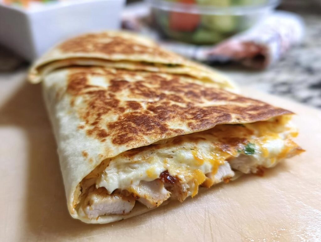 A delicious Crispy Chicken Bacon Wrap, grilled to golden perfection, with visible chicken and melted cheese.