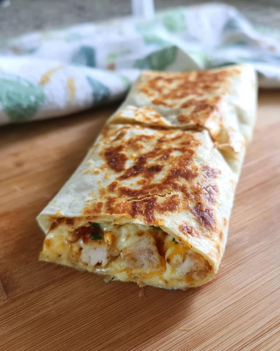 A close-up of a crispy chicken bacon wrap, showing tender chicken, melted cheese, and a hint of sauce.