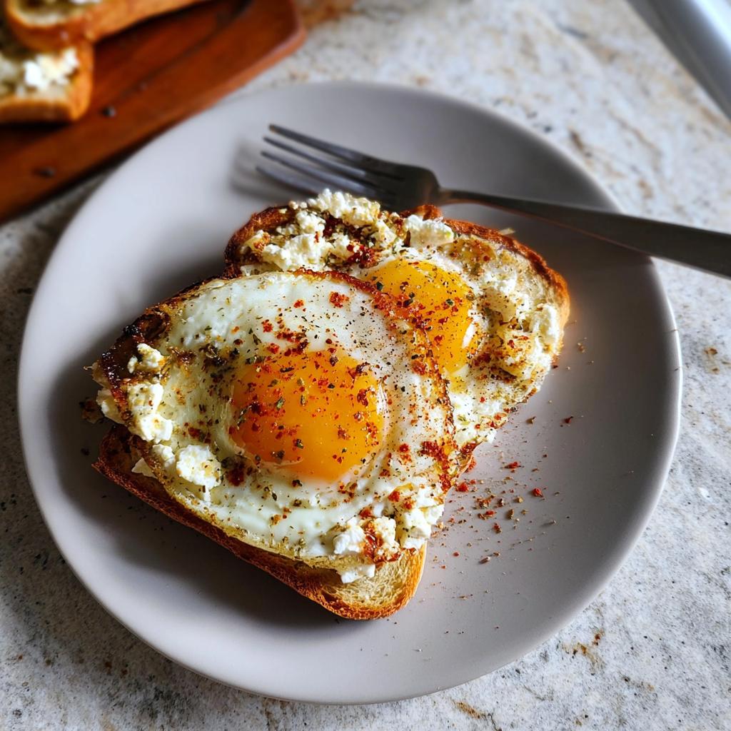 Two crispy feta fried eggs served on toasted bread, seasoned with red pepper flakes and herbs.