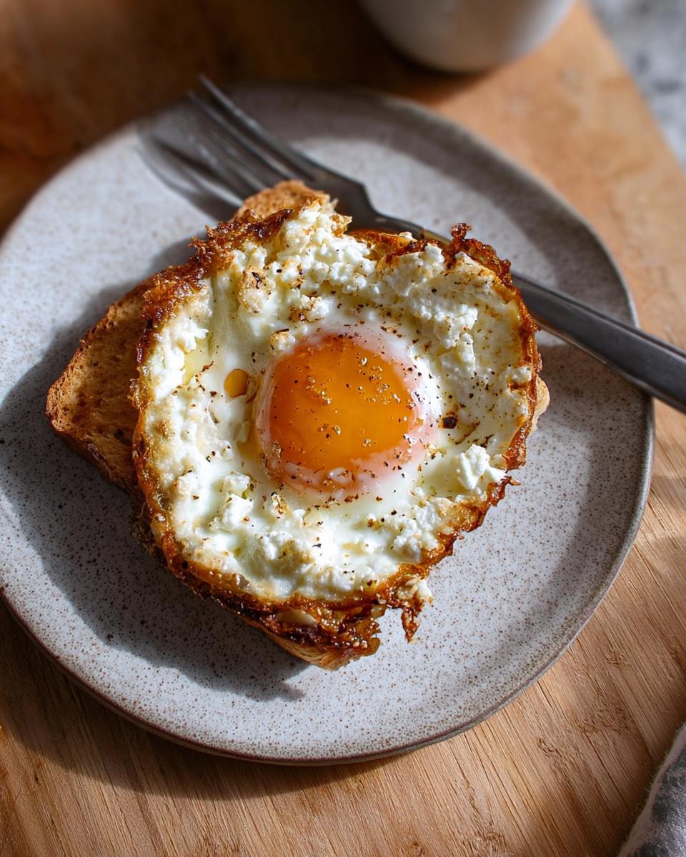 A perfectly fried egg nestled in crispy feta cheese on a slice of toasted bread, seasoned with pepper.