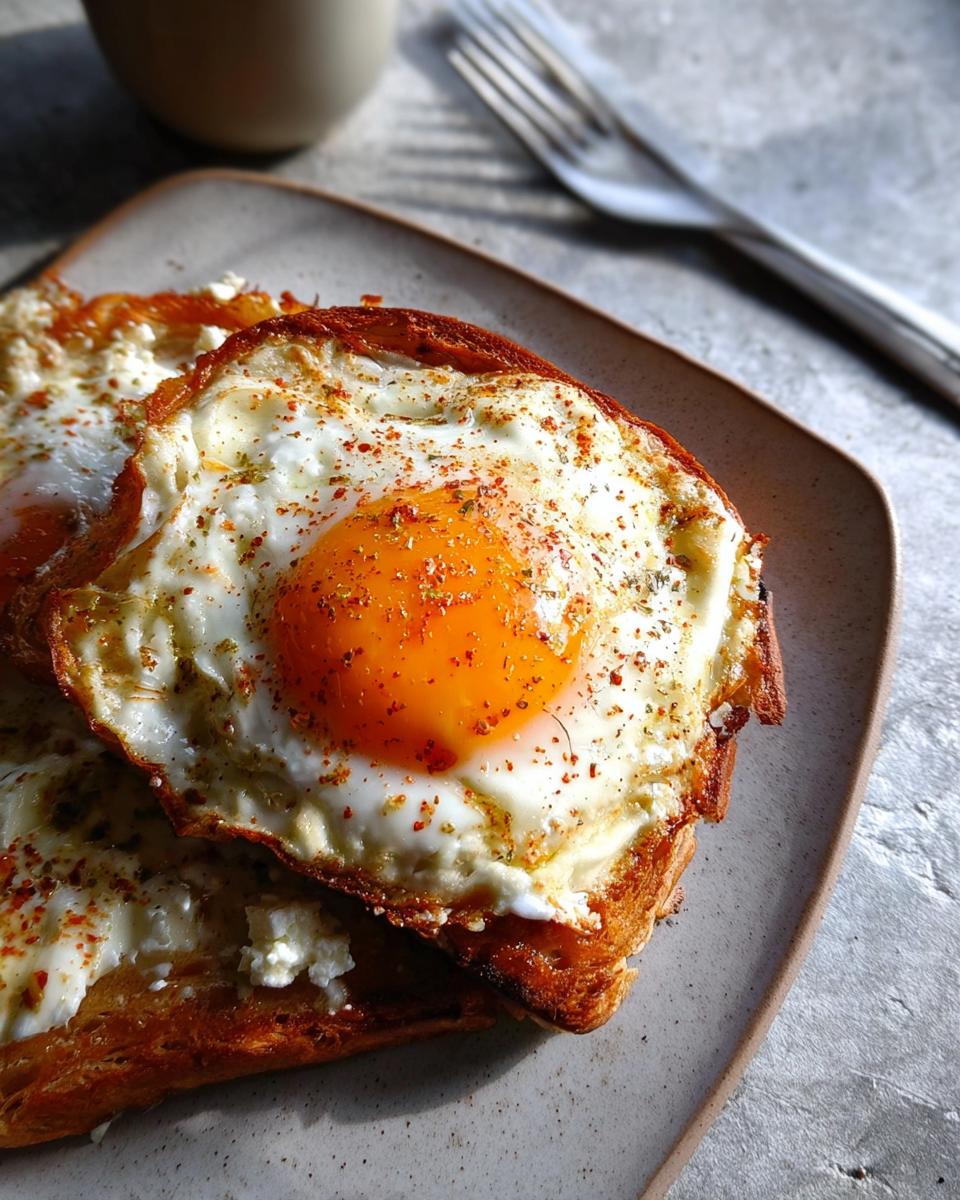 Close-up of crispy feta fried eggs served on toasted bread, seasoned with herbs and spices.