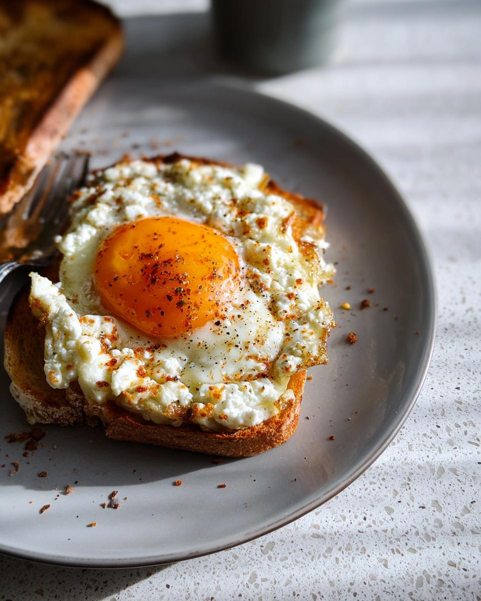 A perfectly fried egg sits atop a bed of crispy feta cheese on a slice of toasted bread, seasoned with pepper.