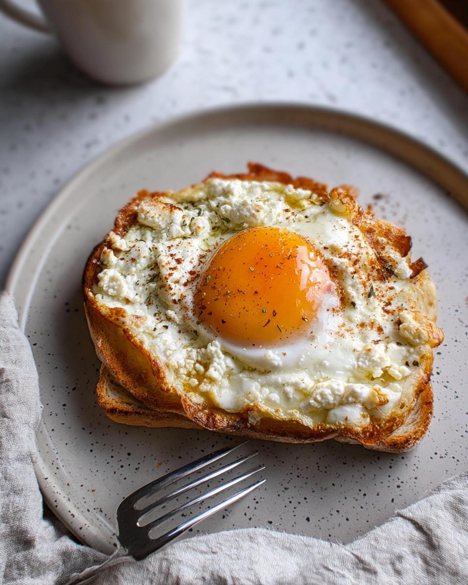 A close-up of a crispy feta fried egg served on toast, seasoned with herbs and spices.