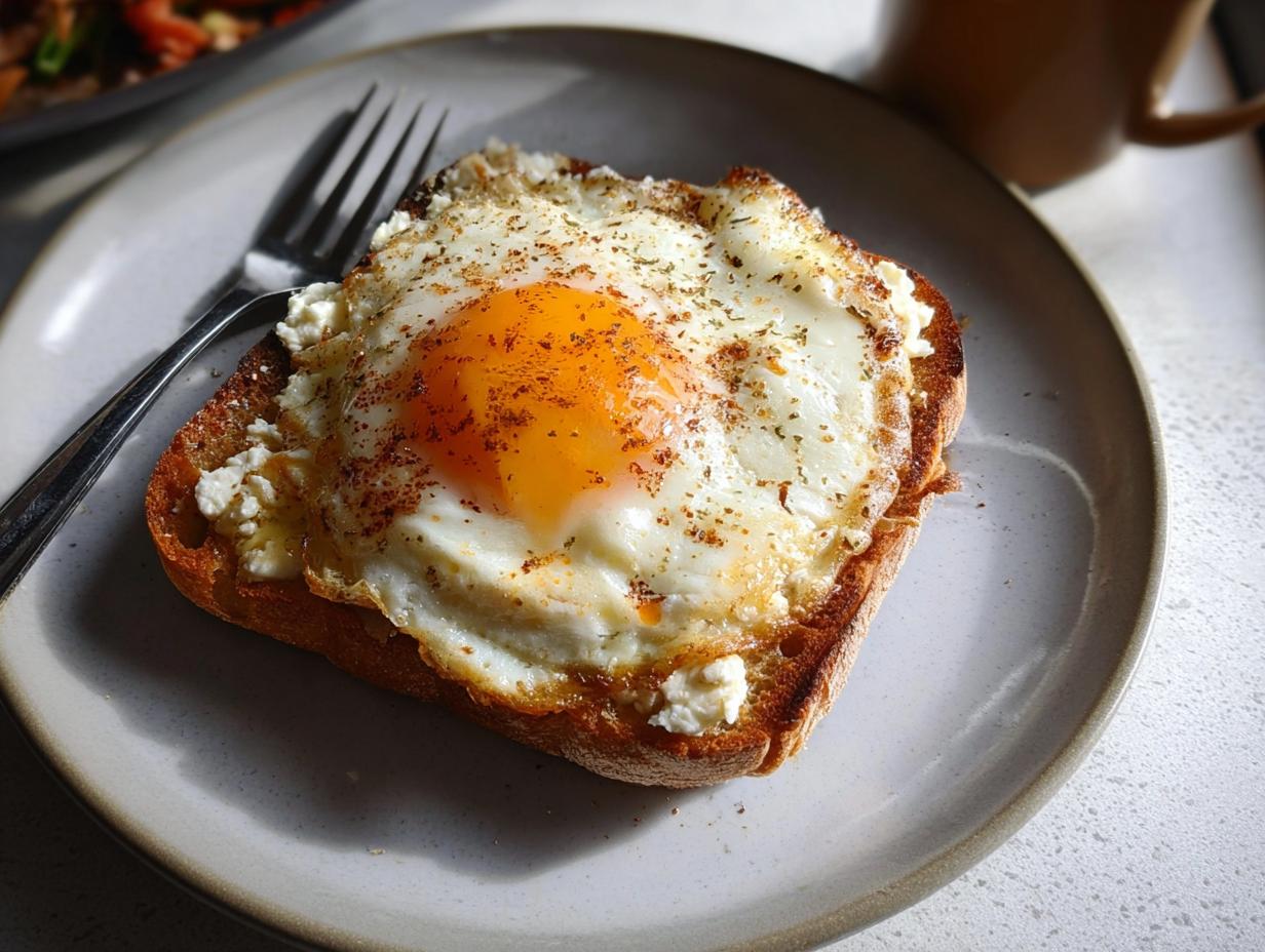 A close-up of a crispy feta fried egg served on a slice of toasted bread, seasoned with herbs.