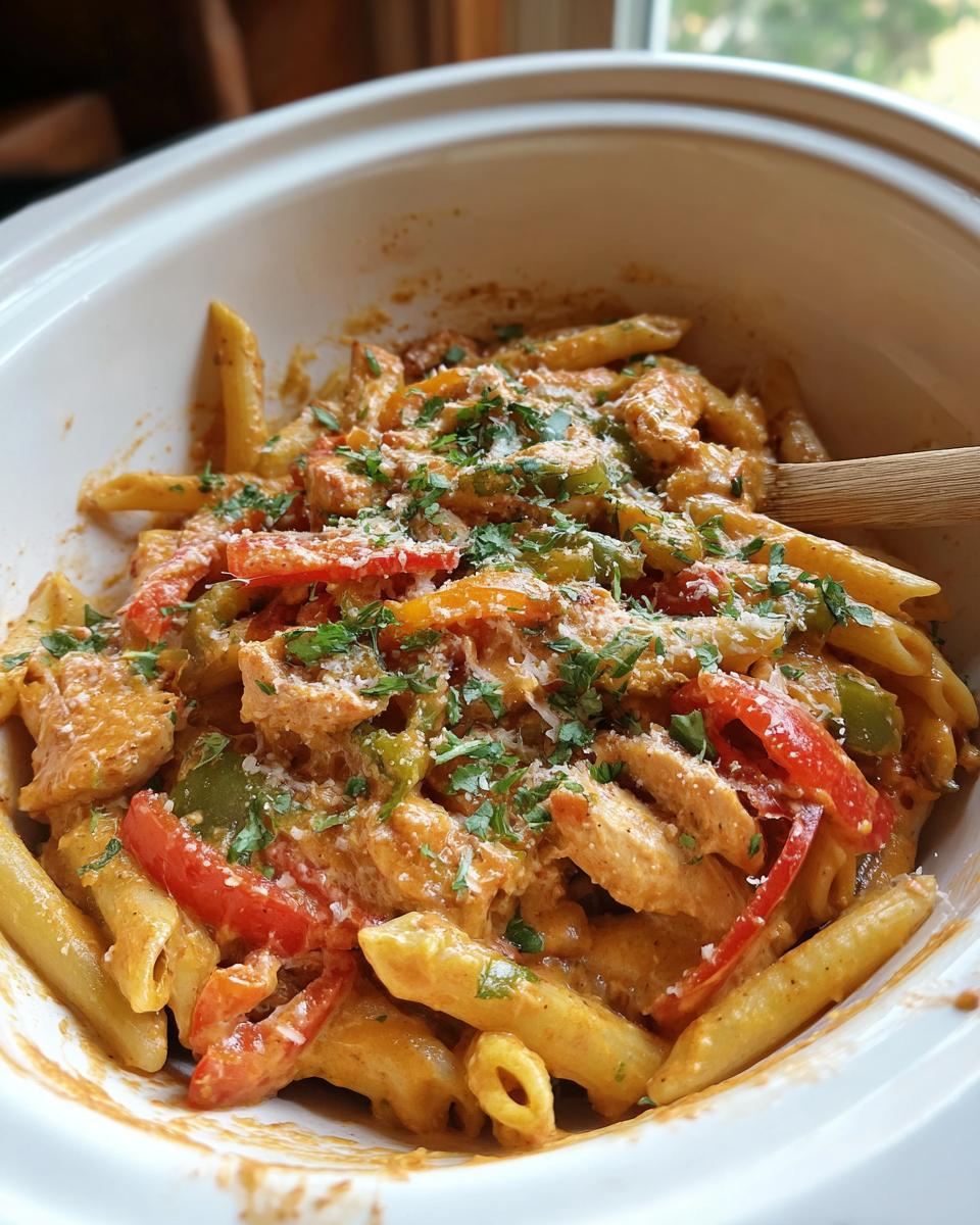 A close-up of Crock Pot Creamy Cajun Chicken Pasta with penne, chicken, and bell peppers in a rich sauce, garnished with parsley and cheese.