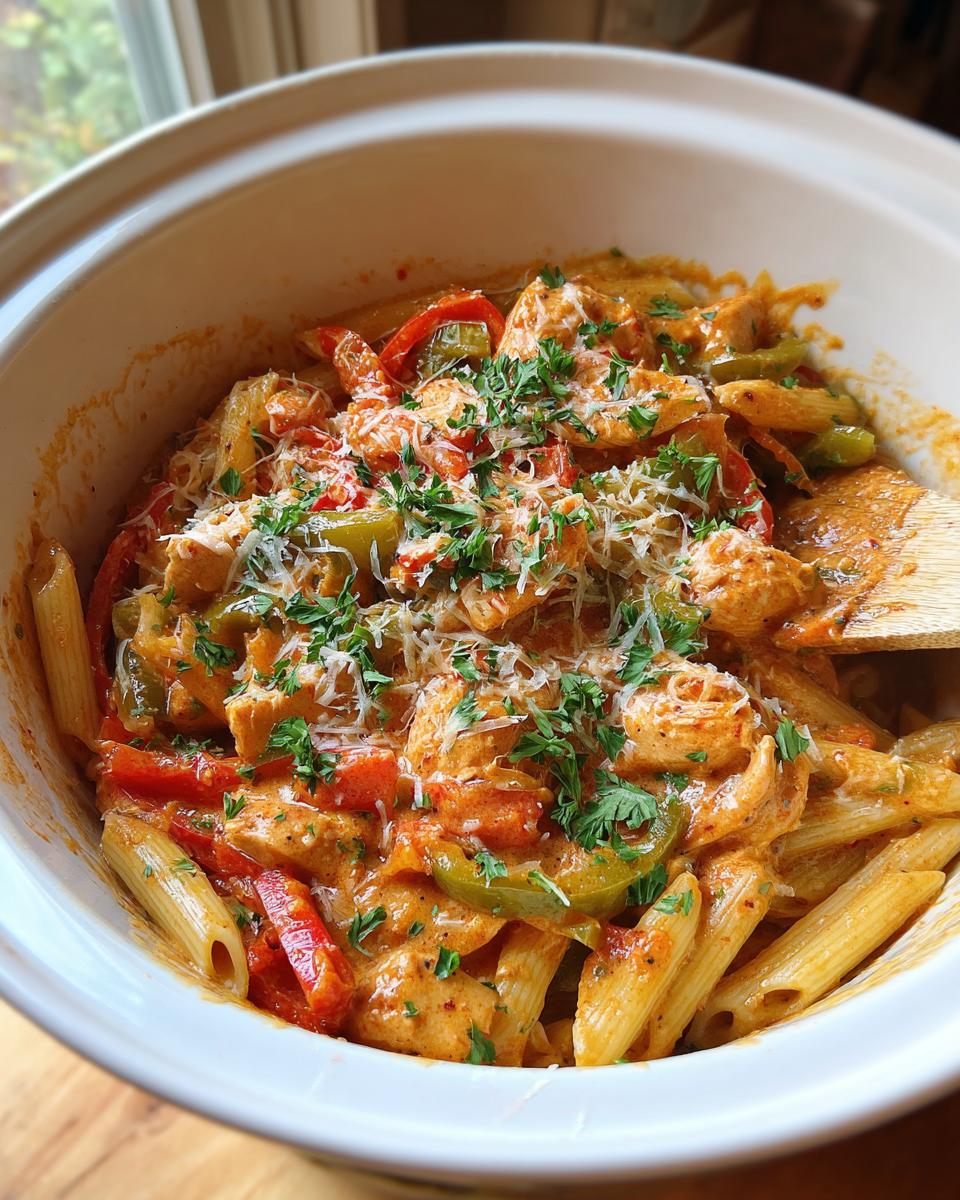 A close-up shot of Crock Pot Creamy Cajun Chicken Pasta in a white dish, garnished with parsley and cheese.