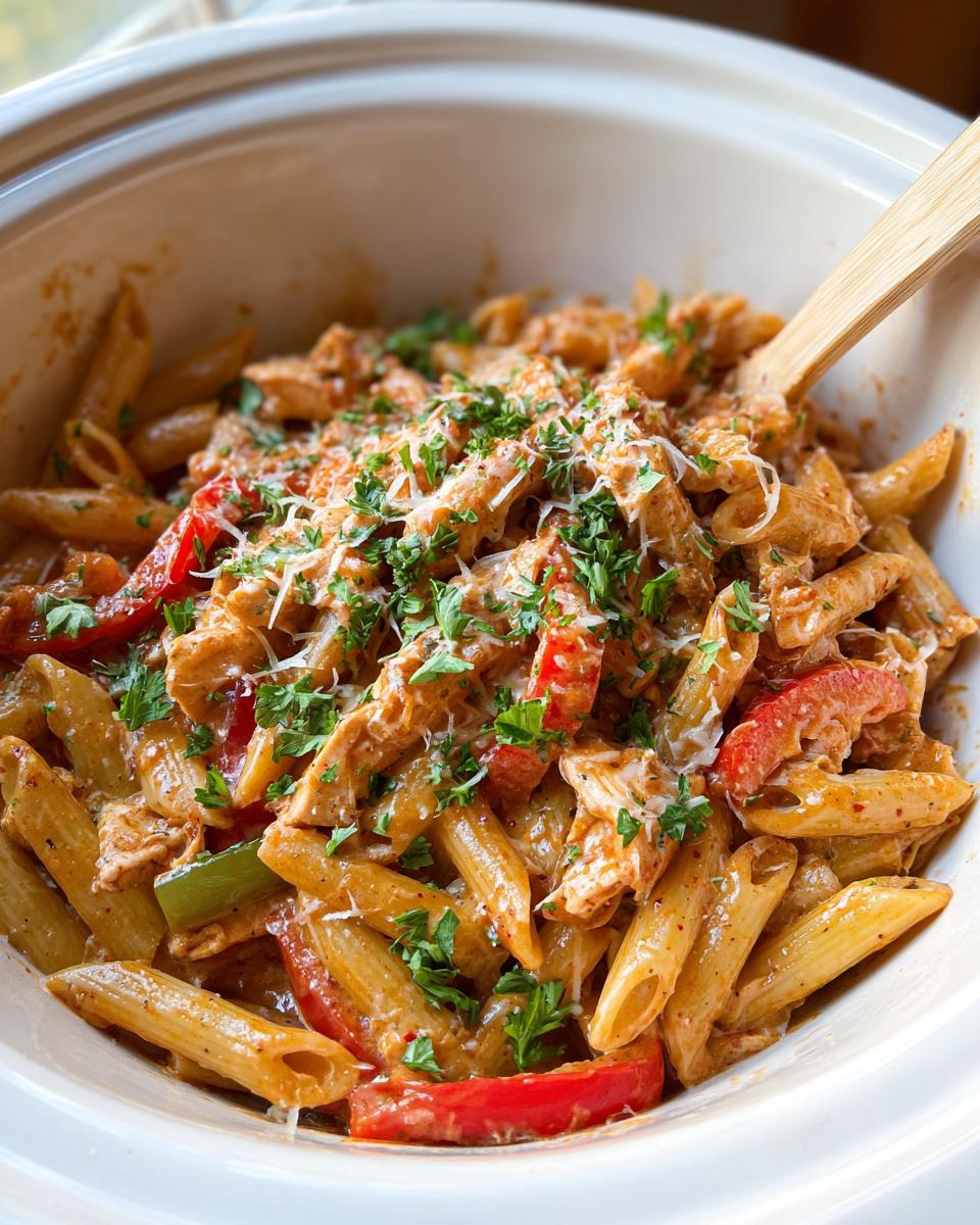A close-up of Crock Pot Creamy Cajun Chicken Pasta with penne, chicken, red and green bell peppers, and parsley.