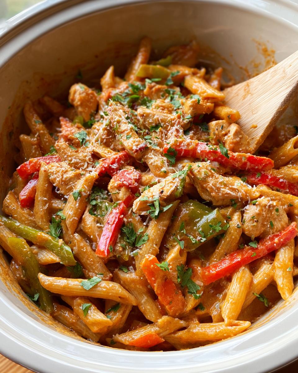 A close-up view of Crock Pot Creamy Cajun Chicken Pasta with penne, chicken, and bell peppers, garnished with parsley and parmesan.