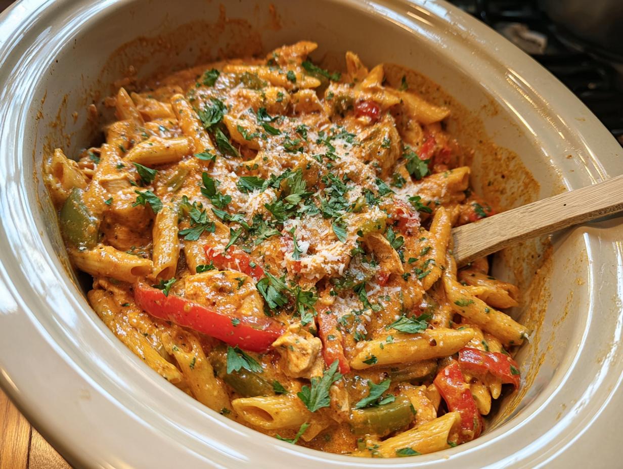 A close-up view of Crock Pot Creamy Cajun Chicken Pasta in a slow cooker, garnished with parsley and cheese.