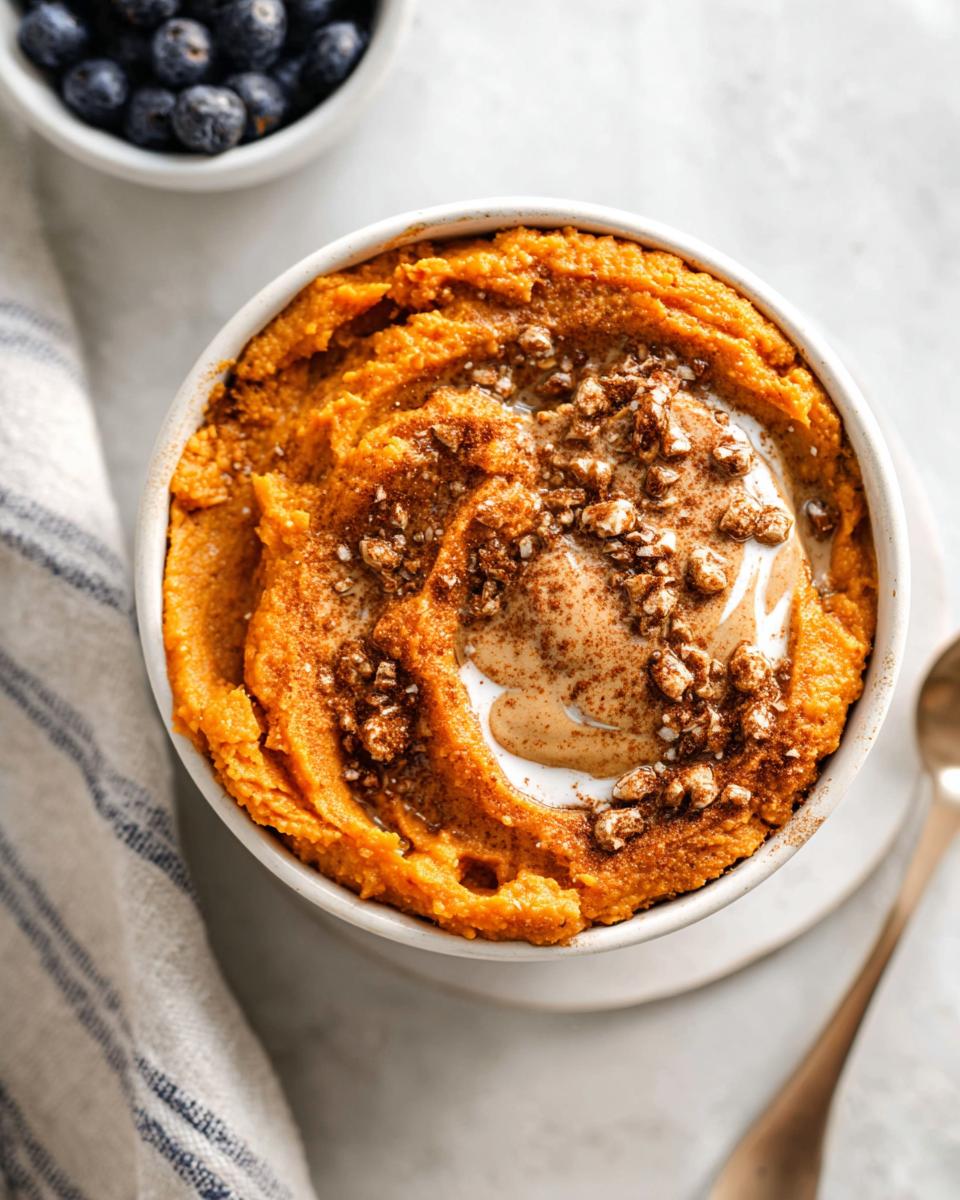 Overhead view of a Delicious Sweet Potato Breakfast Bowl topped with nut butter, cinnamon, and chopped nuts.