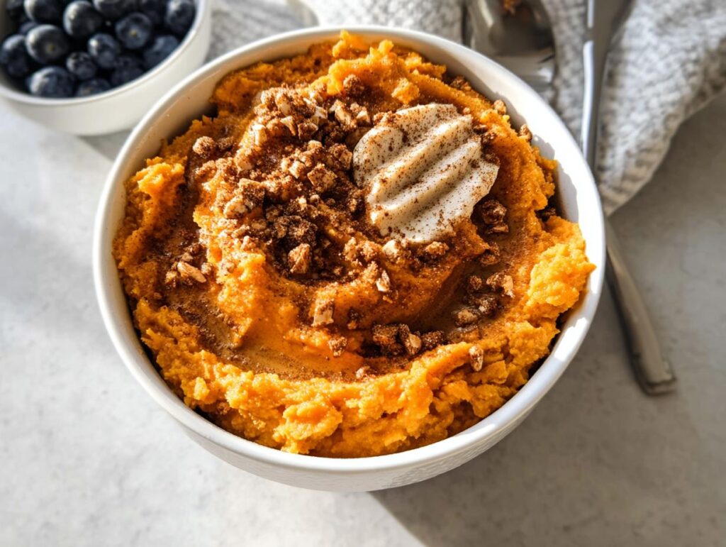 A close-up of a Delicious Sweet Potato Breakfast Bowl topped with a dollop of cream, nuts, and cinnamon.