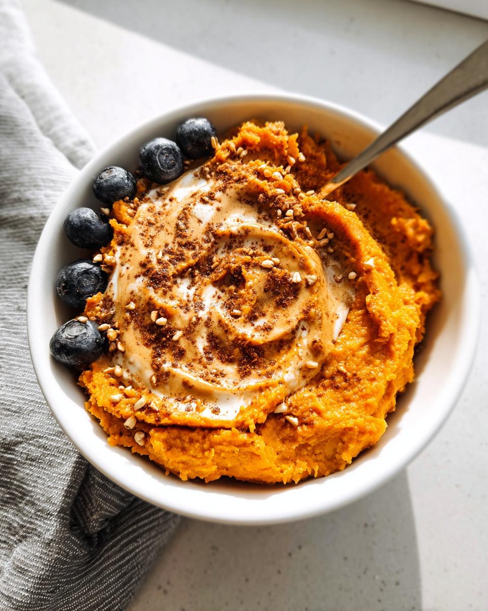 A Delicious Sweet Potato Breakfast Bowl topped with yogurt, blueberries, and cinnamon.