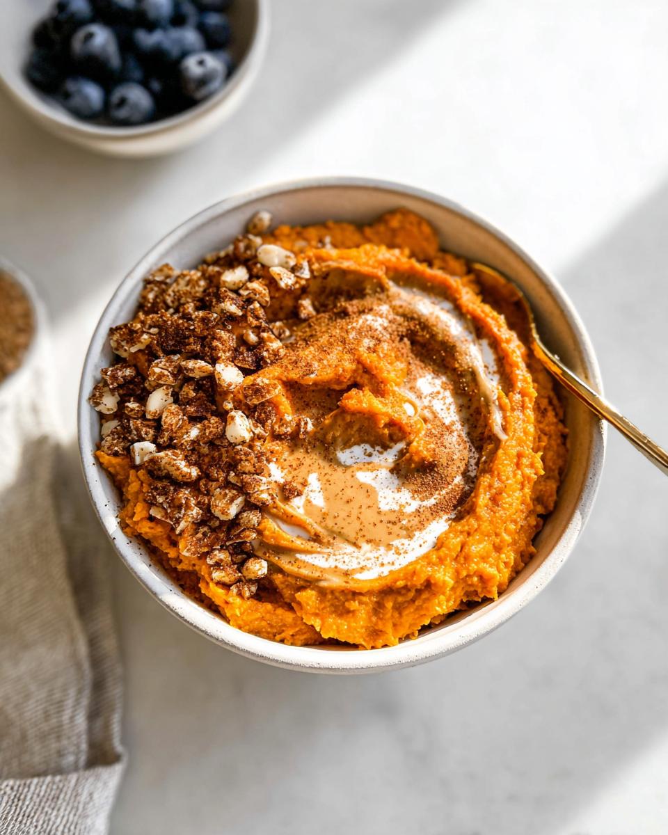 A close-up of a Delicious Sweet Potato Breakfast Bowl topped with nut butter, cream, cinnamon, and granola.