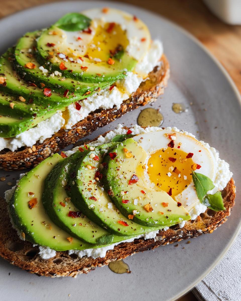 Two slices of EASY Avocado Toast with Cottage Cheese, topped with sliced avocado, a fried egg, and chili flakes.