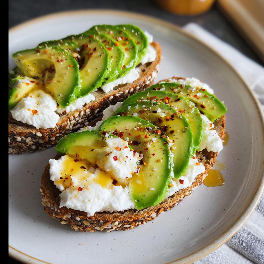 Two slices of EASY Avocado Toast with Cottage Cheese & Honey, topped with fresh avocado slices, chili flakes, and a drizzle of honey.