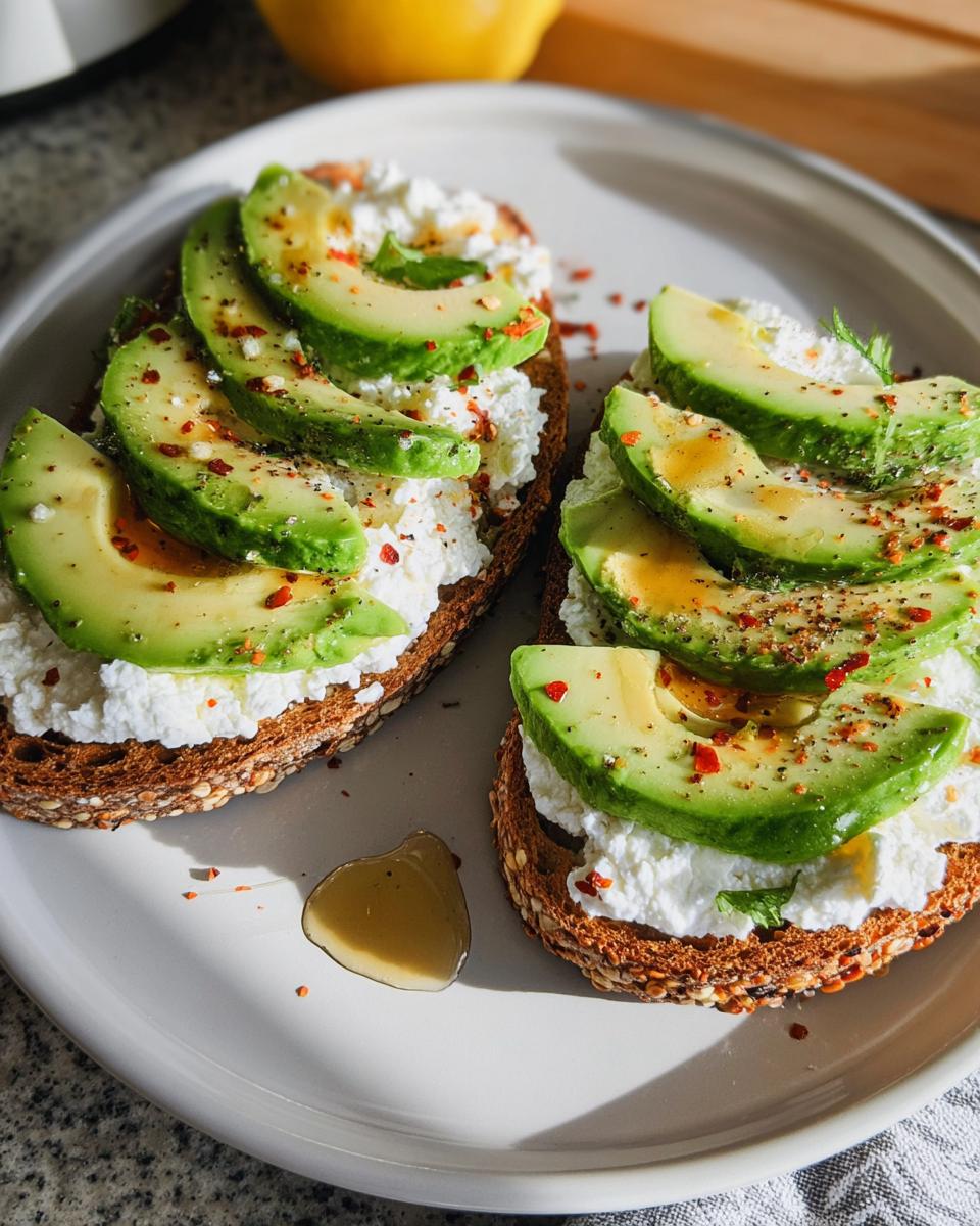 Two slices of EASY Avocado Toast with Cottage Cheese & Honey, topped with fresh avocado slices, chili flakes, and a drizzle of honey.