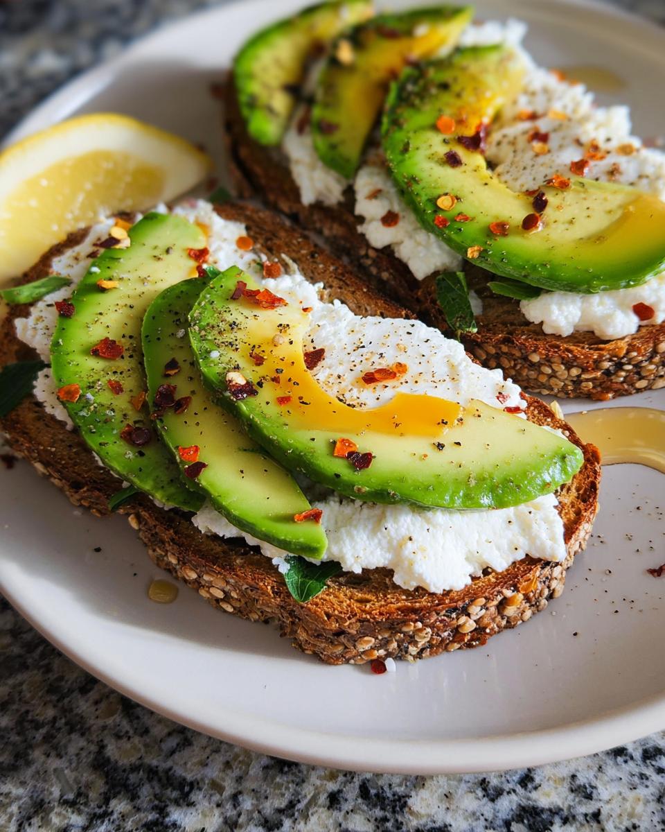 Close-up of EASY Avocado Toast with Cottage Cheese & Honey, topped with sliced avocado, chili flakes, and a drizzle of honey.
