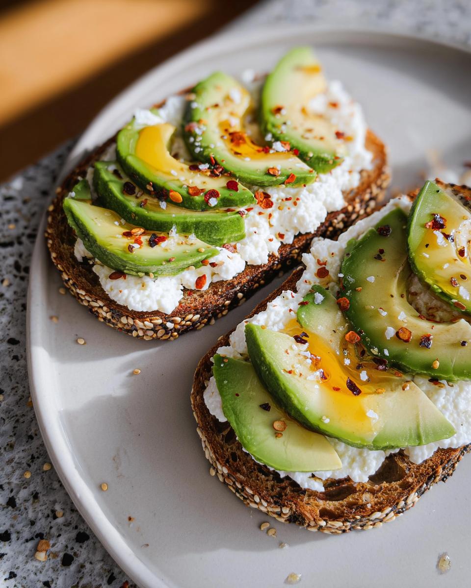 Two slices of EASY Avocado Toast with cottage cheese, avocado slices, drizzled honey, and chili flakes.