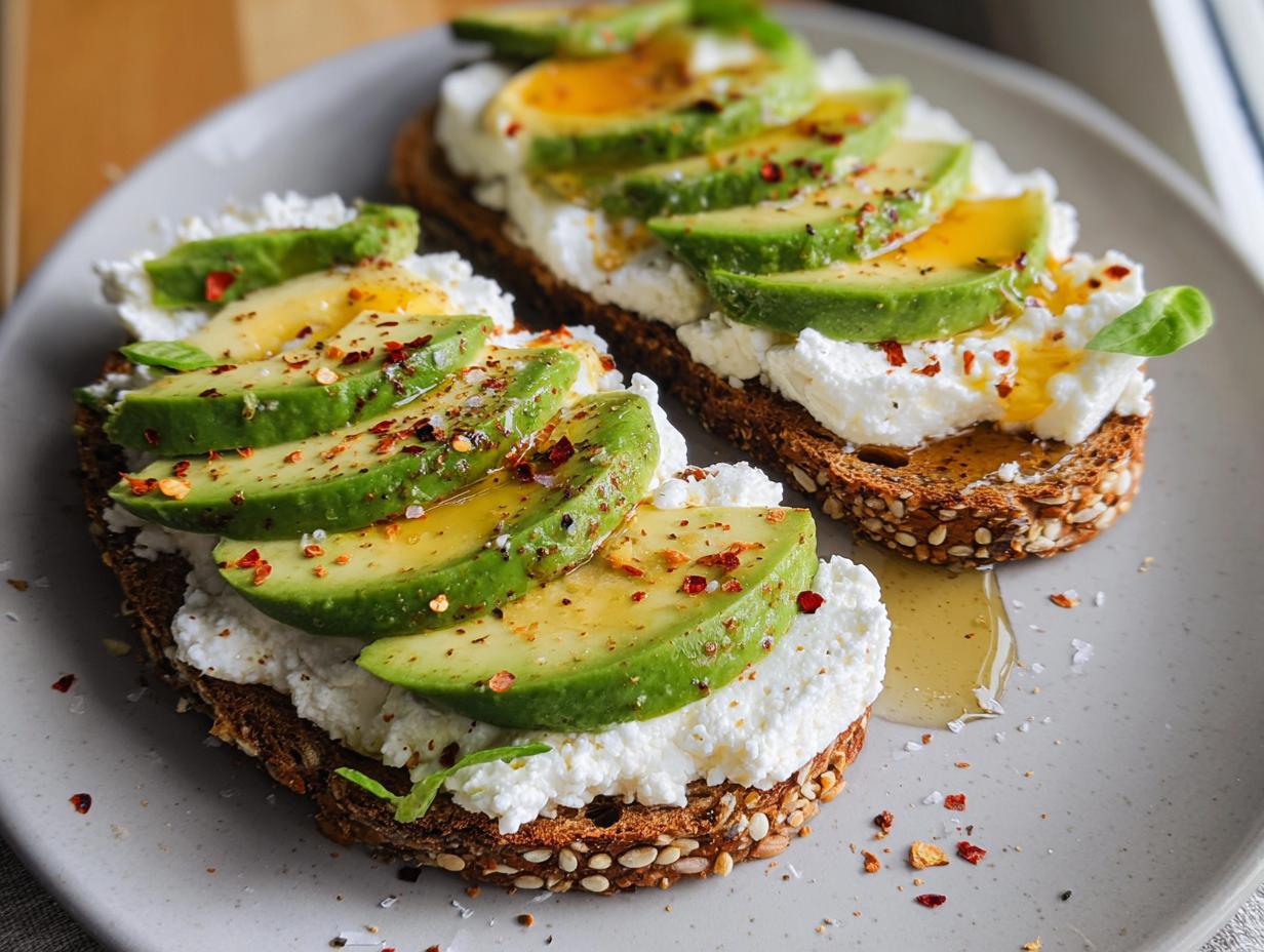 Two slices of EASY Avocado Toast with Cottage Cheese & Honey, topped with avocado slices, chili flakes, and a drizzle of honey.