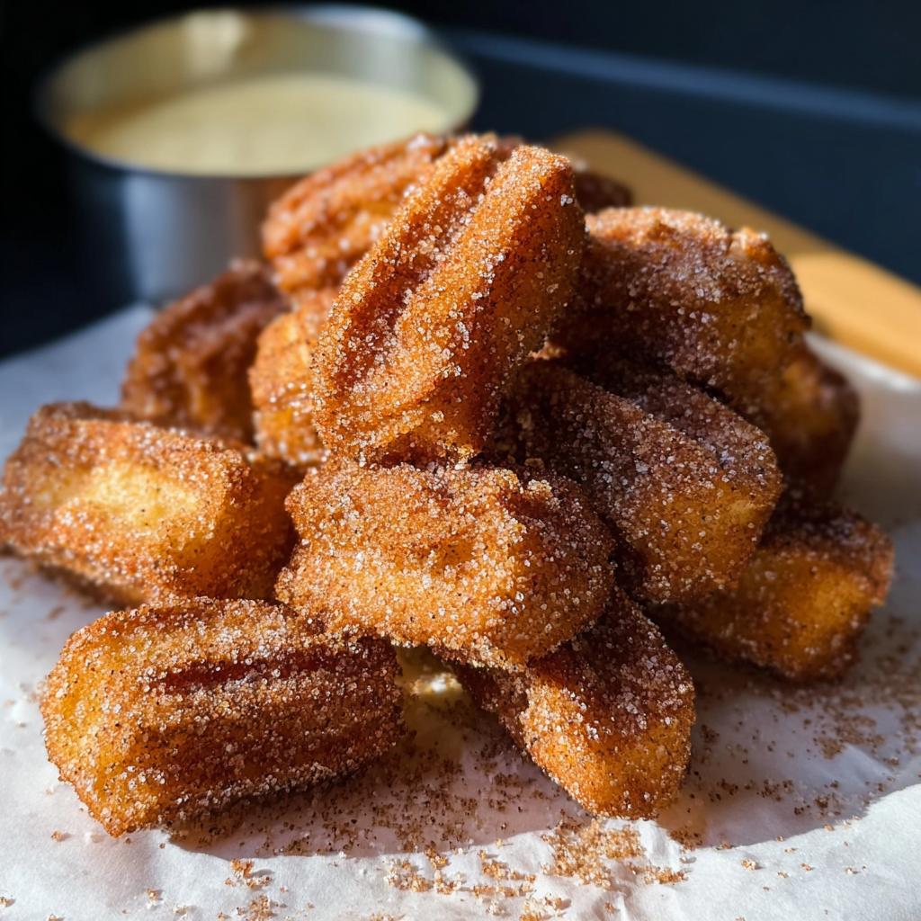 A pile of golden brown Easy Baked Churro Bites coated in cinnamon sugar, with a small bowl of dipping sauce in the background.
