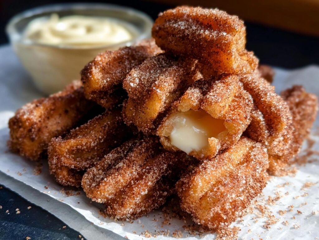 Close-up of delicious Easy Baked Churro Bites coated in cinnamon sugar, with a creamy dip in the background.