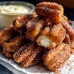 Close-up of delicious Easy Baked Churro Bites coated in cinnamon sugar, with a creamy dip in the background.
