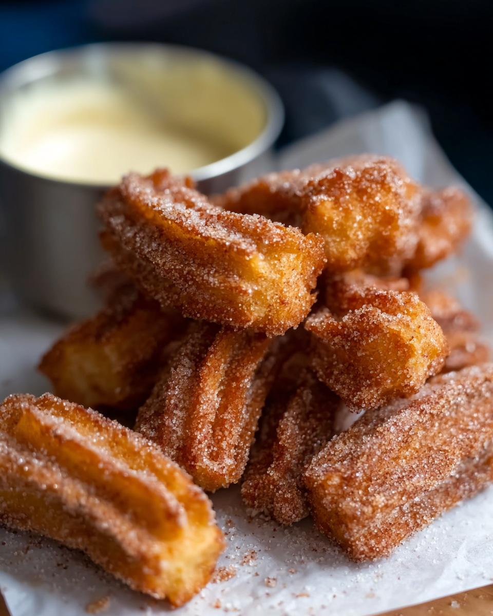 A close-up of a pile of golden-brown Easy Baked Churro Bites, coated in cinnamon sugar, with a small metal bowl of dipping sauce in the background.