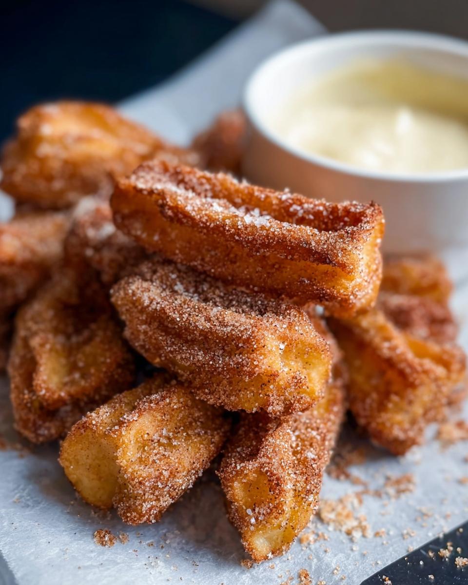 A close-up of a pile of golden-brown Easy Baked Churro Bites, coated in cinnamon sugar, with a bowl of dipping sauce in the background.