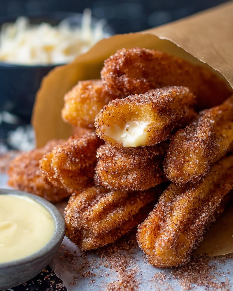 A close-up of Easy Baked Churro Bites, coated in cinnamon sugar, with a creamy filling oozing from one bite.