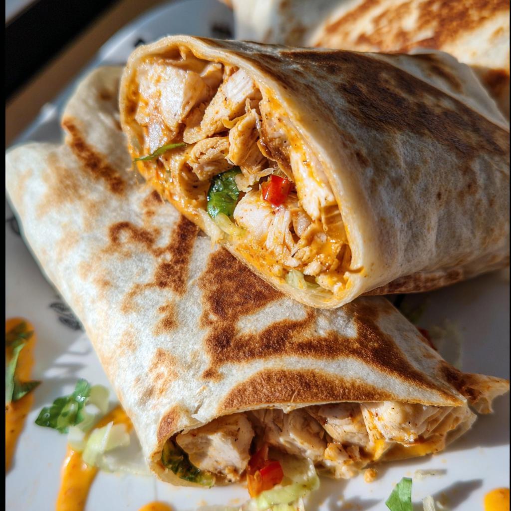 A delicious Easy Chipotle Ranch Grilled Chicken Burrito, sliced in half to show tender chicken, lettuce, and red peppers.