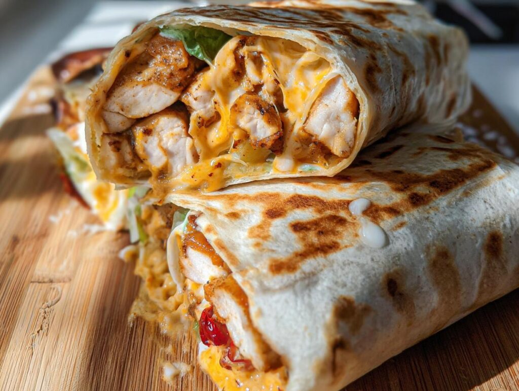 A close-up of an Easy Chipotle Ranch Grilled Chicken Burrito, sliced in half to reveal juicy chicken, melted cheese, and fresh lettuce.