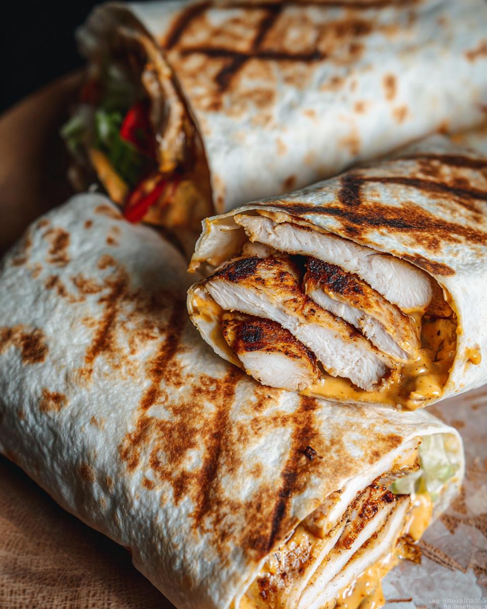 Close-up of an Easy Chipotle Ranch Grilled Chicken Burrito, showing sliced grilled chicken and creamy sauce wrapped in a tortilla.