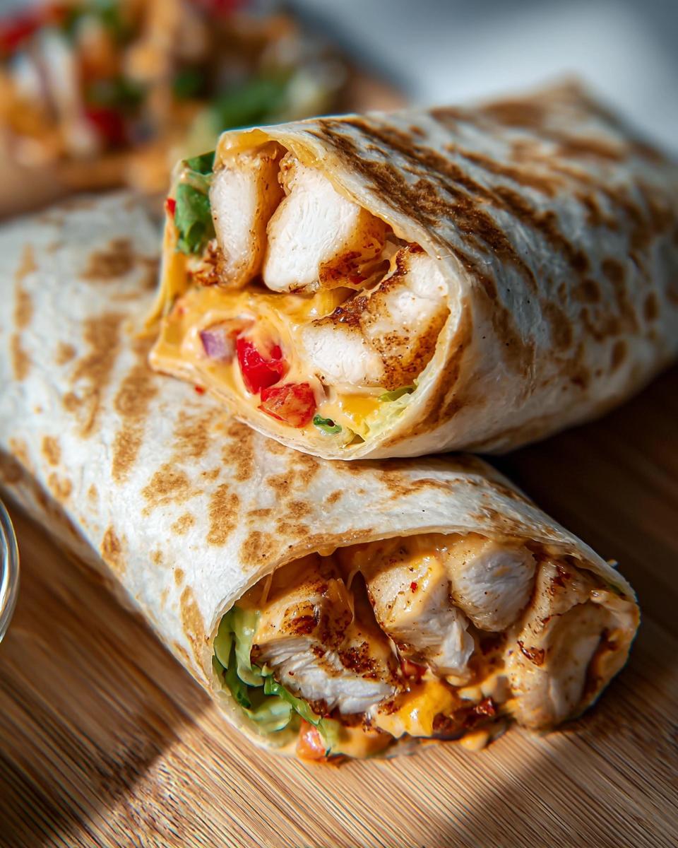 A close-up of an Easy Chipotle Ranch Grilled Chicken Burrito, sliced in half to reveal grilled chicken, cheese, lettuce, and diced tomatoes.