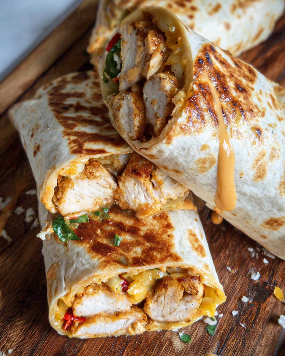 Close-up of a delicious Easy Chipotle Ranch Grilled Chicken Burrito, sliced in half, showing tender chicken and creamy sauce.