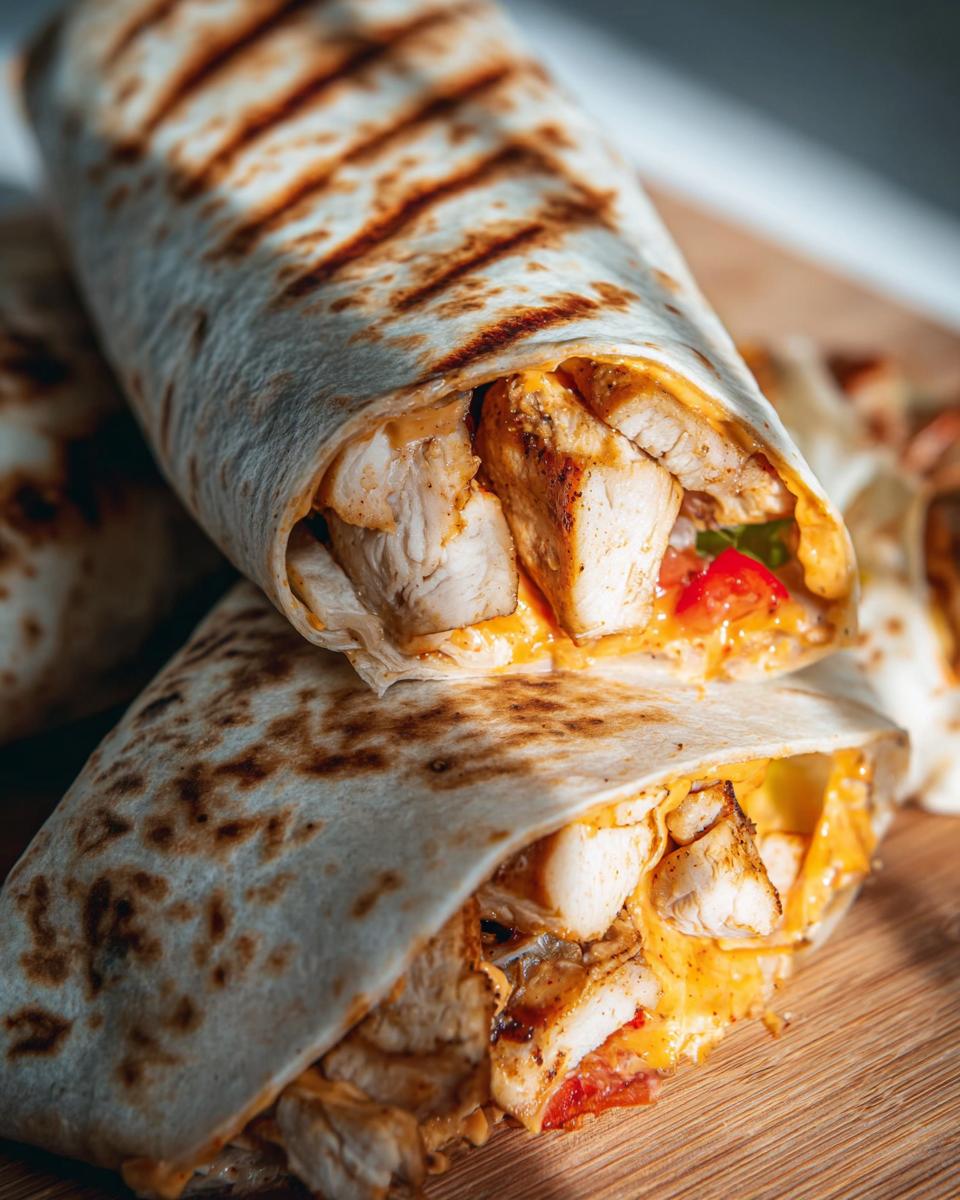 Close-up of a delicious Easy Chipotle Ranch Grilled Chicken Burrito, showing grilled chicken, cheese, and salsa.