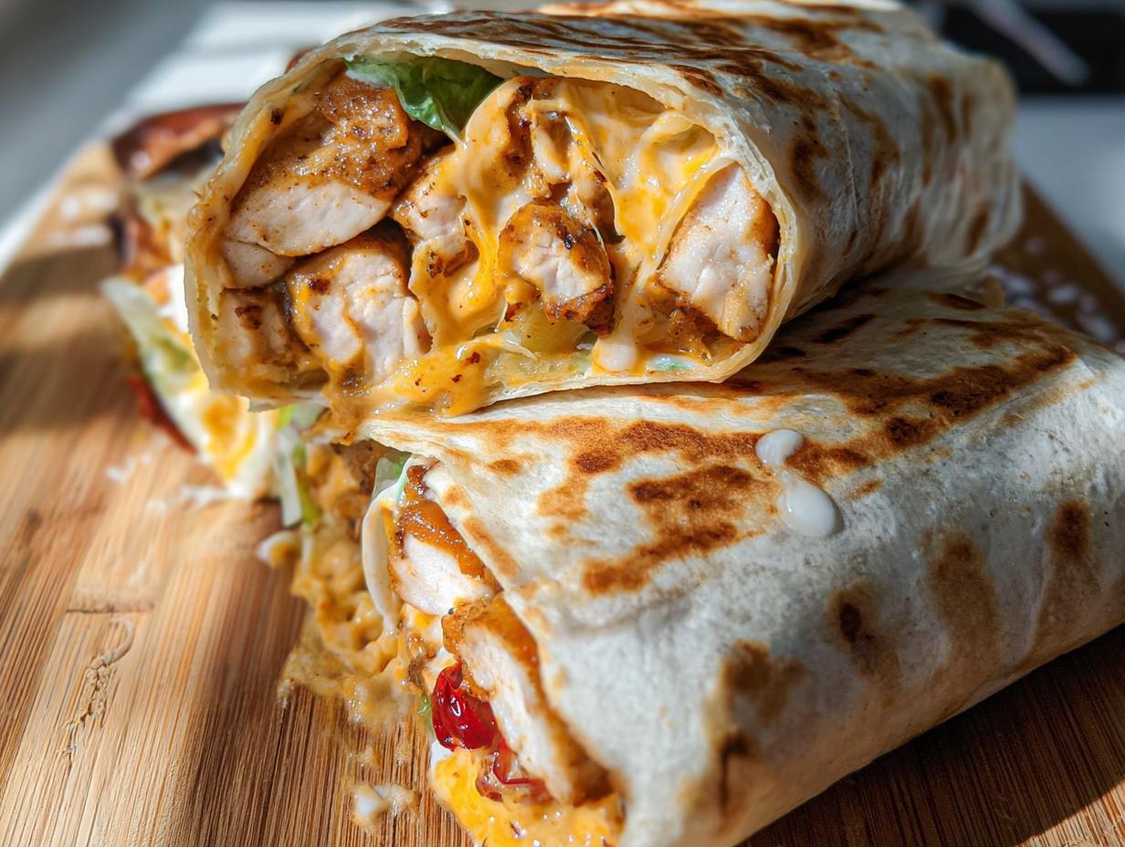 A close-up of an Easy Chipotle Ranch Grilled Chicken Burrito, sliced in half to reveal juicy chicken, melted cheese, and fresh lettuce.