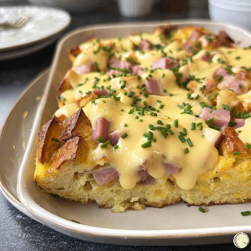 A slice of delicious Easy Eggs Benedict Casserole topped with creamy hollandaise sauce and chives.