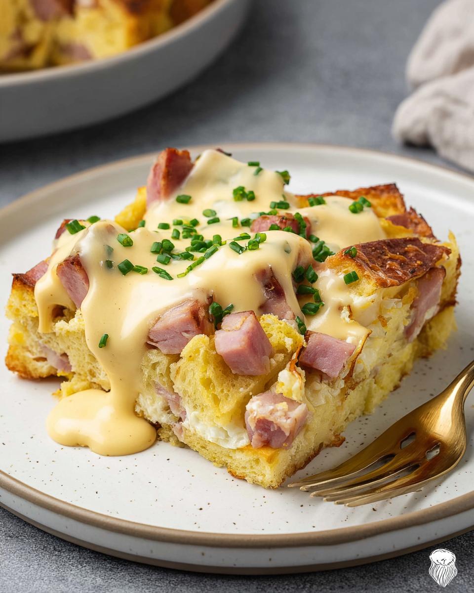 A slice of Easy Eggs Benedict Casserole topped with hollandaise sauce and chives, ready to be enjoyed.
