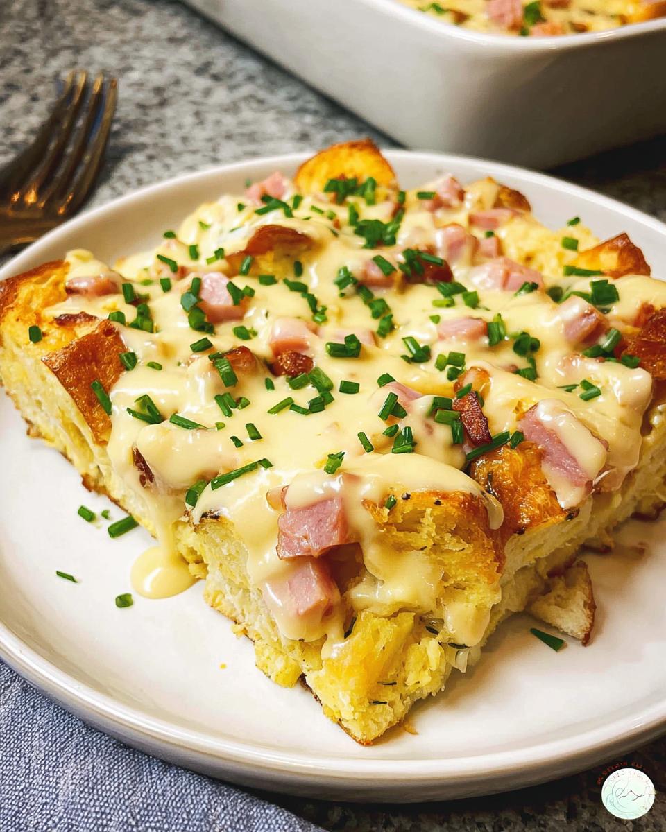 A slice of easy Eggs Benedict Casserole topped with creamy sauce and chives, ready to make brunch special.