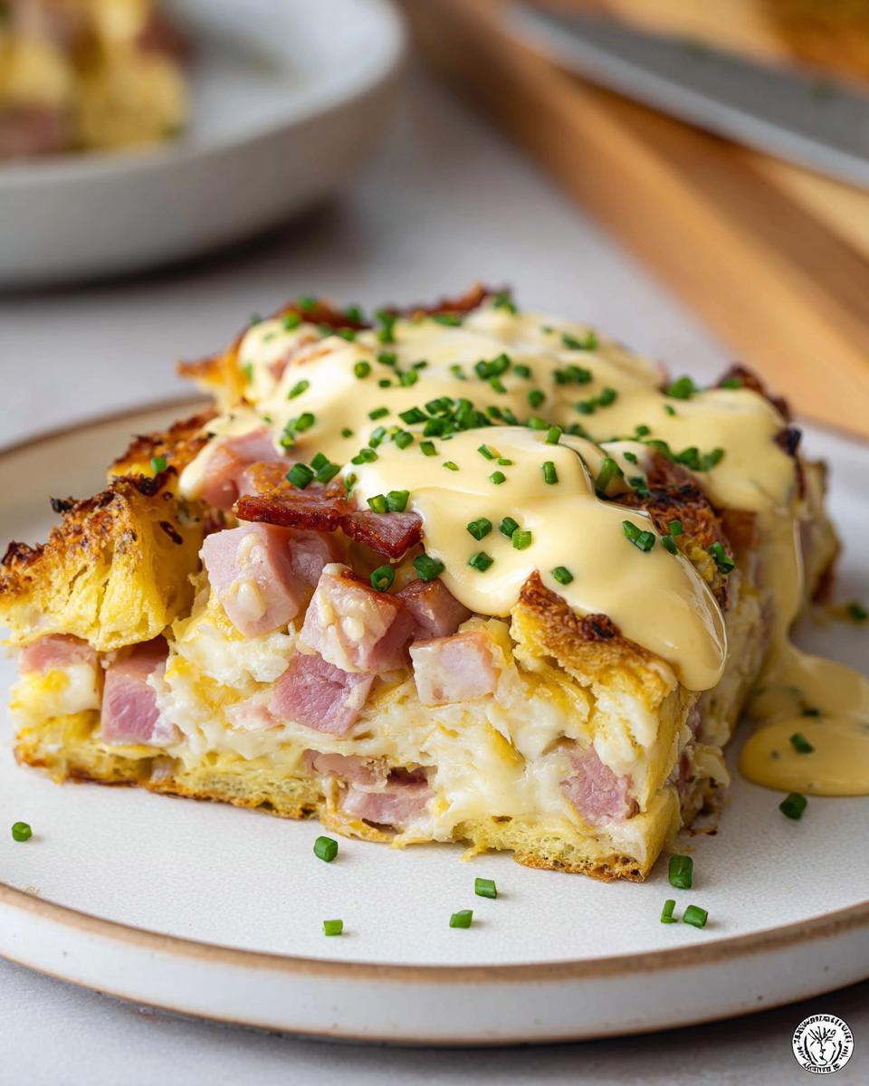 A delicious slice of Easy Eggs Benedict Casserole topped with hollandaise sauce and chives.