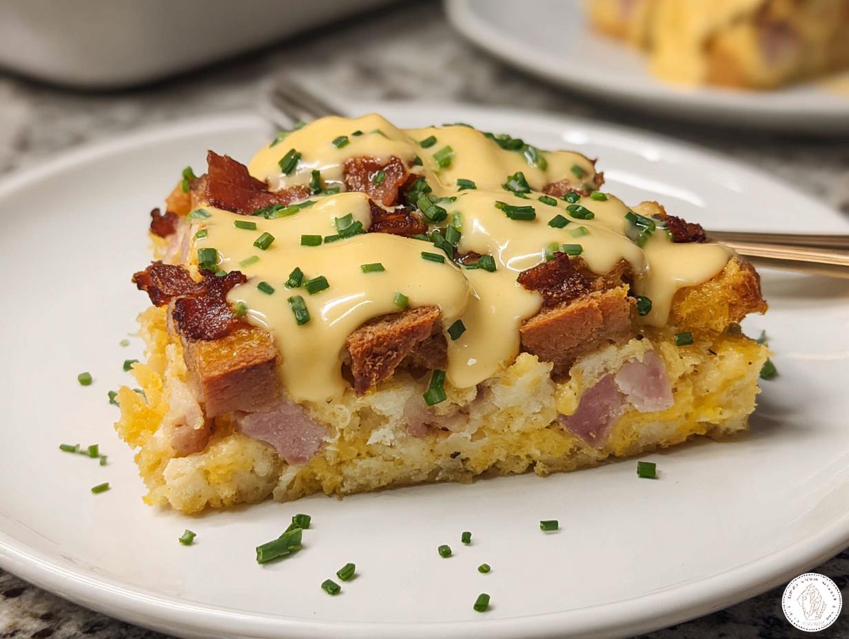 A slice of easy Eggs Benedict Casserole topped with hollandaise sauce, bacon, and chives.