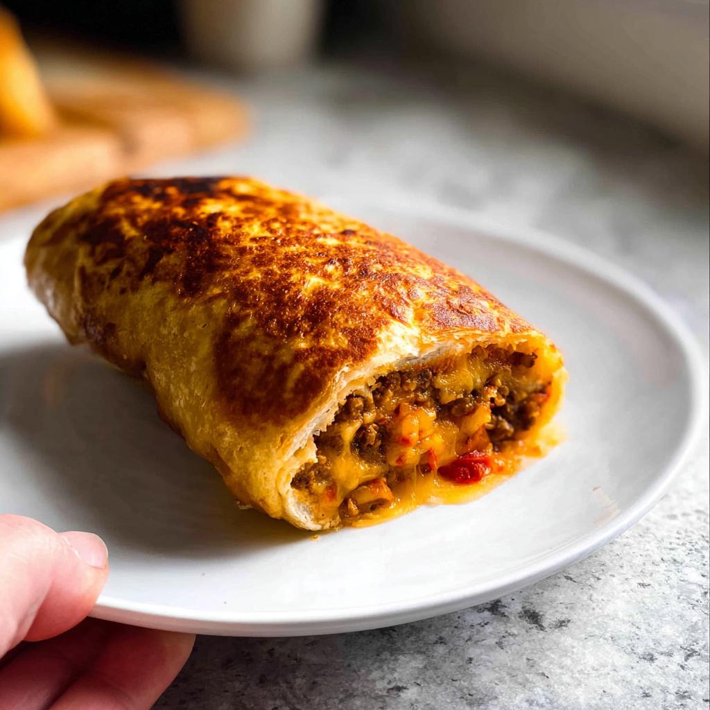 A golden-brown, crispy grilled cheese burrito cut in half on a white plate, revealing a cheesy meat filling.
