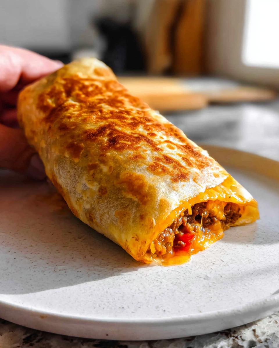 A person holding a golden-brown, pan-fried Easy Grilled Cheese Burrito Copycat Recipe with melted cheese oozing out.