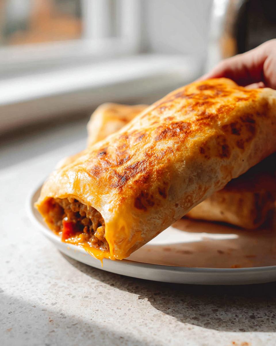 A hand holding a golden-brown, cheesy Easy Grilled Cheese Burrito Copycat Recipe, with melted cheese oozing out.