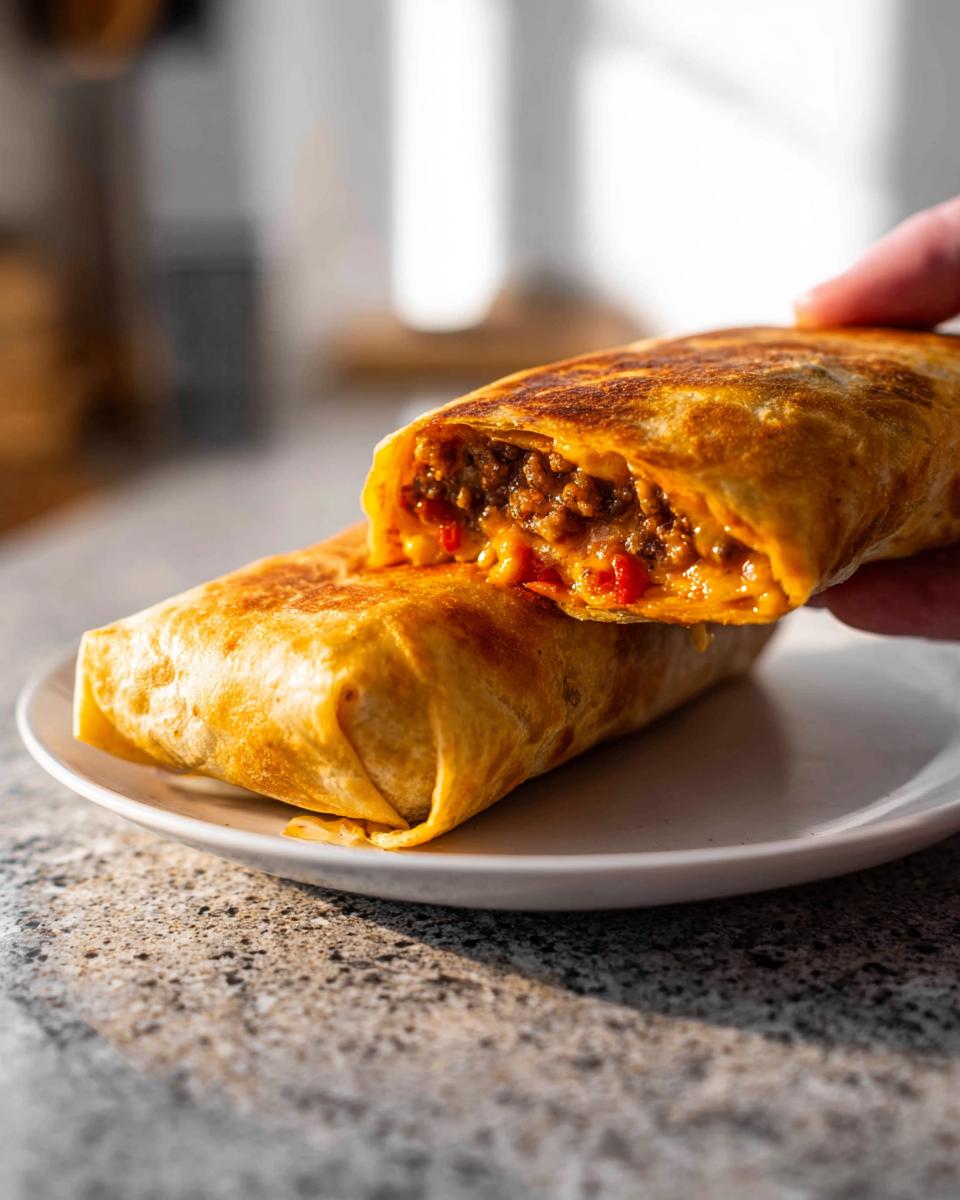 A person holding a cross-section of an Easy Grilled Cheese Burrito Copycat Recipe, revealing seasoned ground beef and melted cheese.