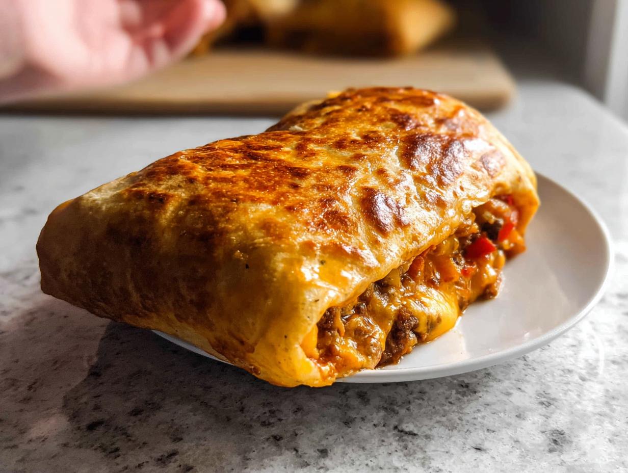 A golden-brown, cheesy grilled cheese burrito copycat recipe on a white plate, with filling peeking out.