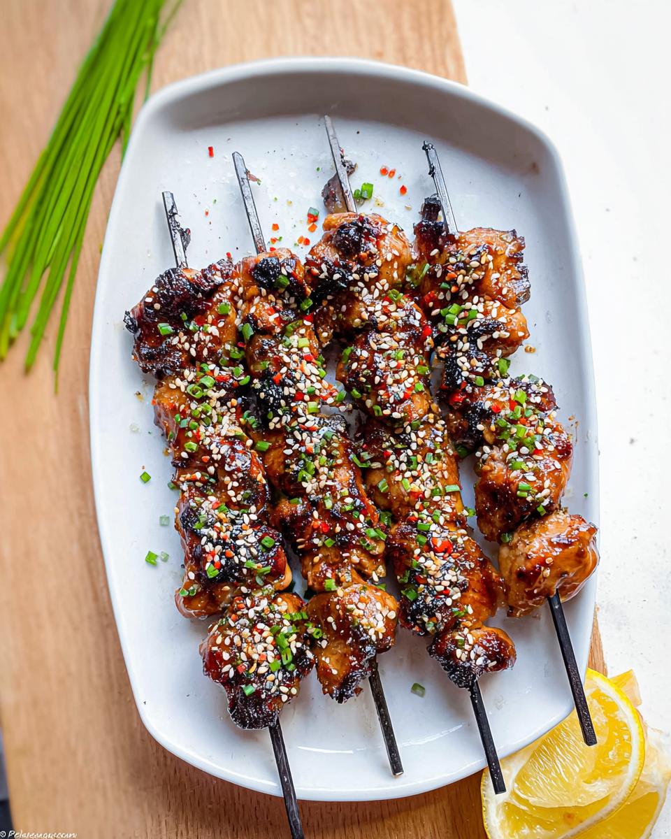 Close-up of Easy Japanese Chicken Yakitori Skewers glazed and sprinkled with sesame seeds and chives.