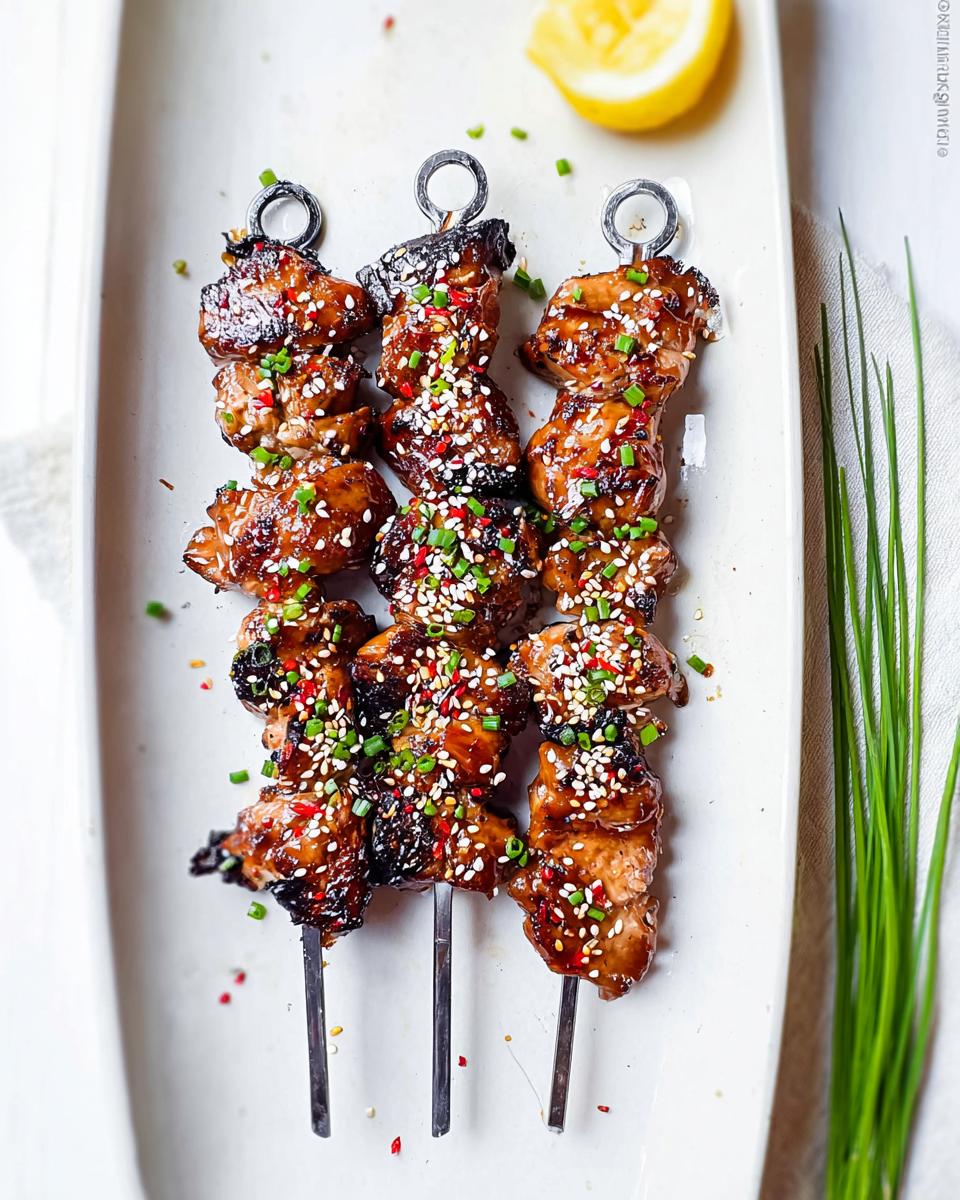 Three Easy Japanese Chicken Yakitori Skewers glazed with sauce and sprinkled with sesame seeds and chives.
