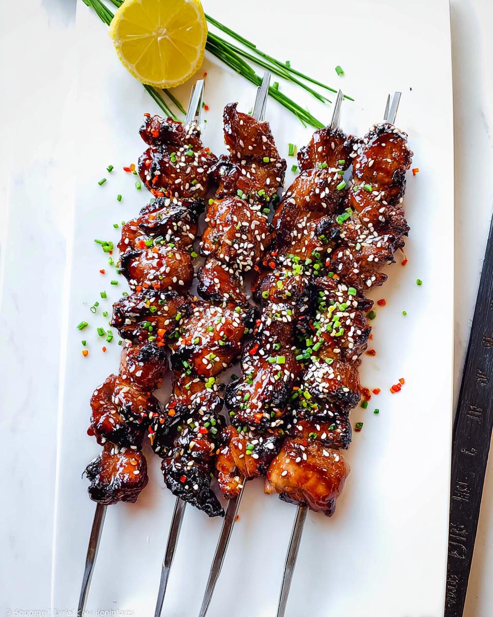 Close-up of Easy Japanese Chicken Yakitori Skewers glazed with sauce and sprinkled with sesame seeds and chives.